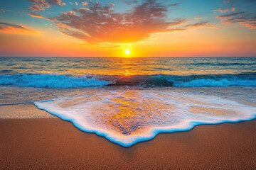 A wave washes ashore on a sandy beach as the sun sets over the ocean, creating a vibrant and colorful scene.