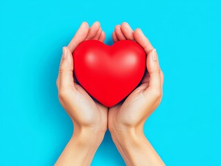 Fototapeta premium Hands gently holding a red heart, symbol of love and care, blue background, 3D illustration