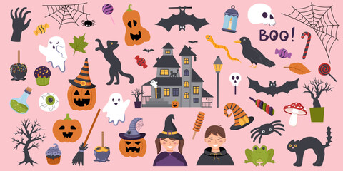 Set of Halloween elements on pink background. Halloween concept. Halloween objects.