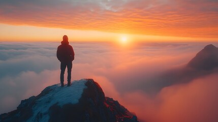 Fototapeta premium Silhouette of Hiker Facing New Challenges at Dawn on Mountaintop