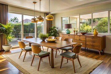 Fototapeta premium The space is brought together by a wooden dining table, adorned with chairs in rich, dark wood tones,