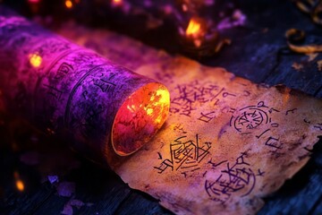 Decomposable enchanted scroll, with biodegradable parchment and organic inks, covered in mystical symbols and glowing softly