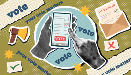 Vote collage in pop art style. Election campaign. Vote banner. Online voting concept. Democracy vote.