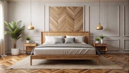 Fototapeta premium The vintage headboard's herringbone pattern and wooden frame add a touch of elegance to the minimalist bedroom, where