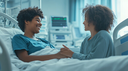 Obraz premium Patient Recovering in Hospital Bed With Supportive Companion