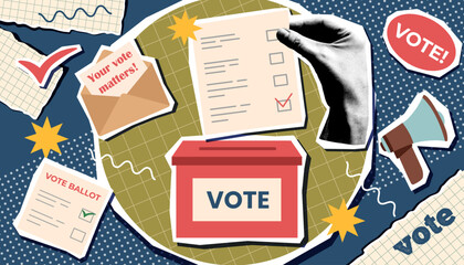Vote collage in pop art style. Election campaign. Vote banner. Voting concept. Democracy vote.