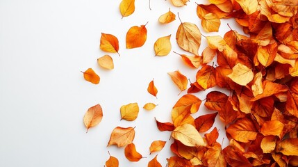 Fototapeta premium The autumn leaves gently fall from above, with a pure white background, forming a minimalist and peaceful composition that highlights the beauty of simplicity and nature.