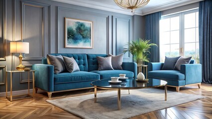 Fototapeta premium This living room features two blue end tables, a plush sofa, and a modern coffee table for a