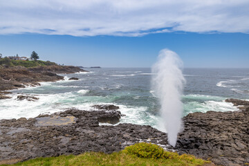 A powerful jet of water erupts from the Little Blowhole in Kiama, New South Wales, Australia, against a backdrop of blue sky and crashing waves.