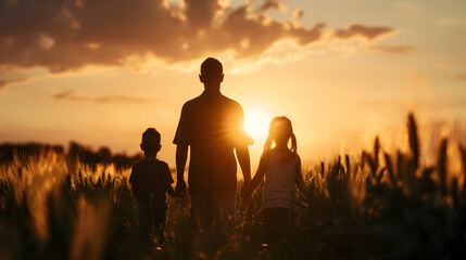 Fototapeta premium Father And His Children Walking The Field