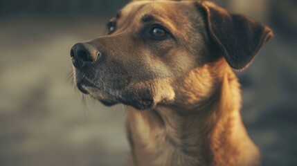 A close-up portrait of a brown dog with expressive eyes, captured in warm, soft light. The dog's attentive gaze and detailed fur texture make this an ideal image for pet-related themes and products.