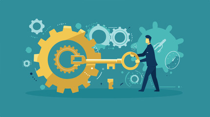 
Flat vector key solution for running business projects, strategy or way to run a successful businessman opens control center using big golden key
