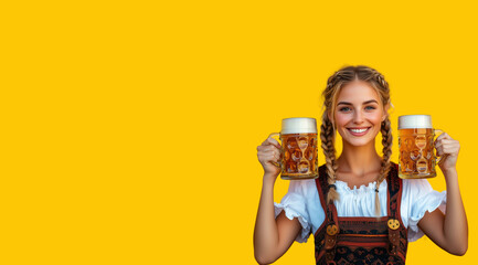 Smiling woman with two glasses of beer in her hands on a yellow background with space for text, created with Generative AI technology