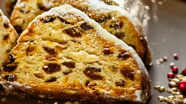Video German Christmas stollen with raisins, nuts, candied fruits, sliced, powdered on plate, festive table setting, lit candle, closeup