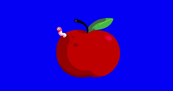 Cartoon characters pink worms animation bluebox. Peek-a-boo! I am here! Happy apple worm on blue backgraound. Small earthworm good for placing at any project. He is ready for thanksgiving.