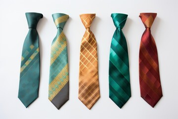 Colorful collection of formal ties arranged neatly on a white background for display