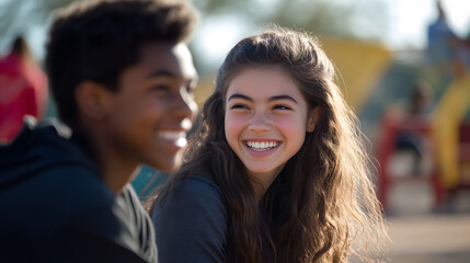 Obraz premium Joyful Multicultural Teens Sharing a Laugh in Sunlight