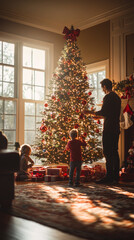 A family decorates their Christmas tree with ornaments and lights.