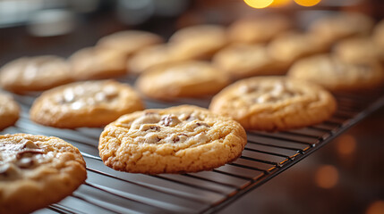 Close-up of freshly baked chocolate chip cookies on a wire rack