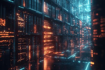 Obraz premium futuristic digital library interface holographic book spines float in virtual space glowing data streams connect tomes