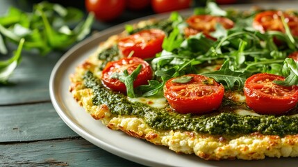 A vibrant cauliflower crust pizza is topped with fresh tomatoes, arugula, and pesto, showcasing a healthy, gluten-free alternative for any meal