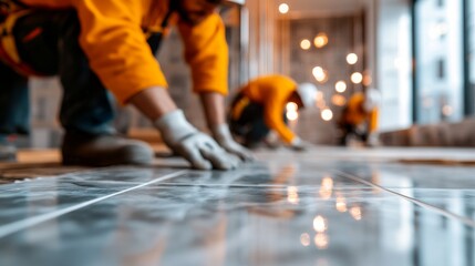 The tile construction in the apartment is underway, and the workers are carefully aligning and installing the tiles. The side view highlights the craftsmanship and precision in indoor construction