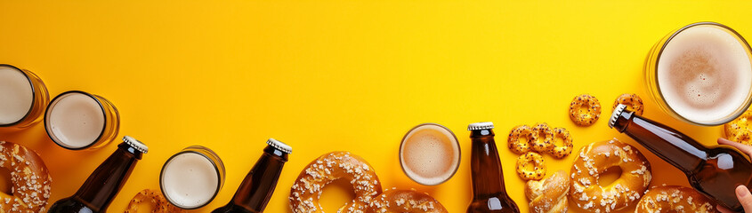 Glasses and bottles of beer, pretzels and snacks on a yellow background top view with space for text, created with Generative AI technology