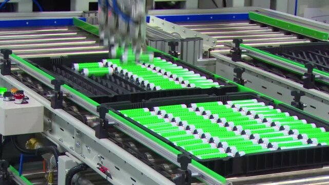 Real shot of fully mechanized automation production of new energy dry batteries lithium-ion, accumulator tables cell modules, mass product battery high power, alternative Renewable electric vehicles
