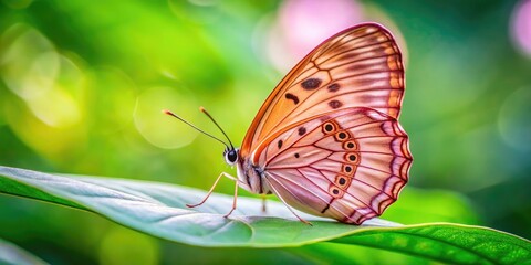 Delicate pink butterfly with intricate wing patterns perches on a soft green leaf, its antennae twitching slightly, surrounded by a blurred natural background.