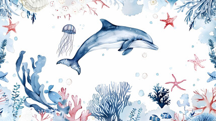 Fototapeta premium frame of sea animals. Blue watercolor ocean fish wreath, turtle, whale and coral. Shell aquarium mermaid submarine. Nautical dolphin marine illustration, jellyfish, starfish