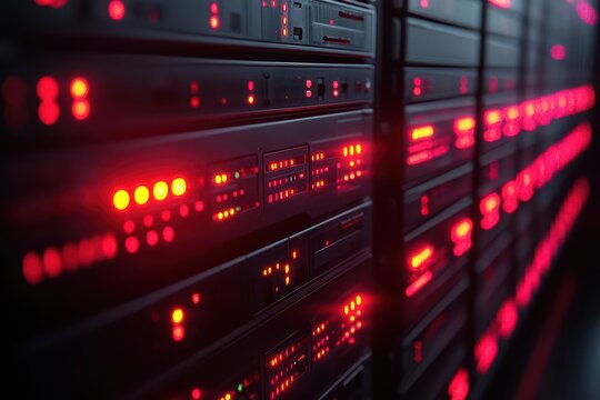 futuristic server rack bathed in ominous red light closeup details of sleek hardware emphasize cybersecurity and data protection in a hightech shadowy environment