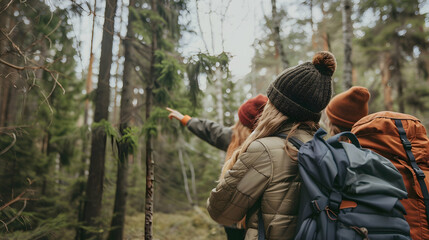 friends team adventure for hiking and camping in forest together. Family travel relaxation. Trekking and trail activity in wild life concept. Woman pointing at tree or sky. Copy space