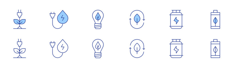 Green energy icon set in two styles, Duotone and Thin Line style. Editable stroke. biomass energy, hydrogen, green energy, water energy, eco battery