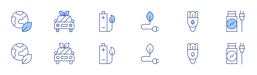 Green energy icon set in two styles, Duotone and Thin Line style. Editable stroke. ecology, green energy, green vehicle, battery, saving