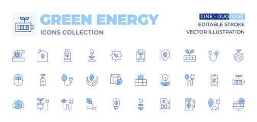Green energy icons collection. Line Duotone style, editable stroke. eco, biomass energy, energy saving, water energy, hydraulic energy, green energy, energy, eco factory, eco battery, electricity