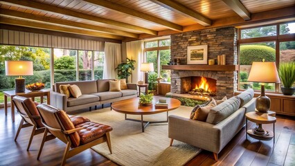 Warm and inviting mid-century ranch living room features a cozy fireplace surrounded by plush furniture, perfect for