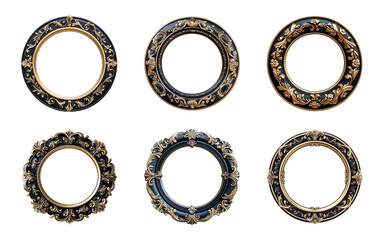 a round ornate vintage gold and black frame isolated on a transparent or white background, cut-out, PNG