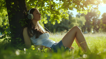 Obraz premium Girl relax under the tree in the park with headphones, relax concept