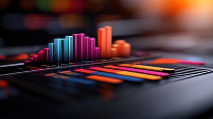 Vibrant 3D bar graph displaying data in a dark, modern setting, highlighting analytics, finance, and statistical visualization.