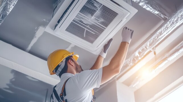 Professional HVAC engineers install heat recovery ventilation systems for new houses. Emphasis was placed on energy efficiency solutions for modern households.