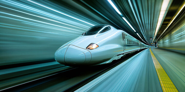 A motion blurred photo of a white bullet train speeding through a tunnel at night, its headlights piercing the darkness.
