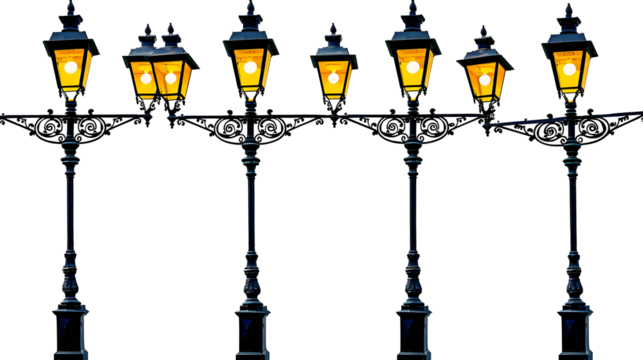lit old street lamps on the white background