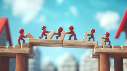 Tiny Workers Building Wooden Bridge Teamwork Construction Illustration