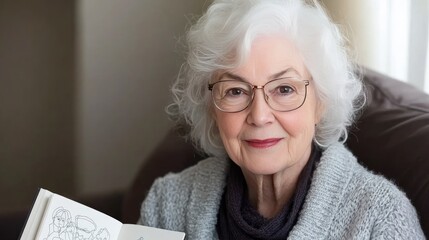 A senior woman sits comfortably on her sofa at home, focused on coloring. Surrounded by vibrant colored pencils, she draws on a sheet of paper spread beside her