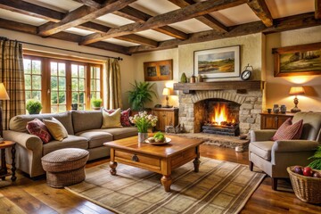 Naklejka premium Warm oak furniture creates a comfortable haven in this traditional country cottage, paired with a tranquil fireplace