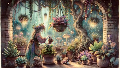 Fototapeta premium indoor garden scene, featuring a character adorned with flowers and foliage watering plants. The garden is rich with various lush, oversized plants, hanging vines, glowing orbs, and a large tree with 