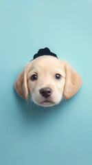 Curious expression of a puppy through a blue background