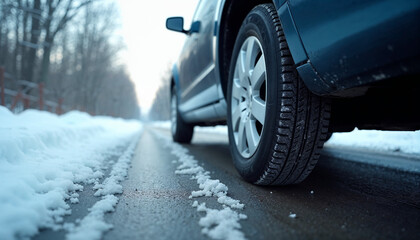 Fototapeta premium Close-Up of Car Tire on Snowy Road
