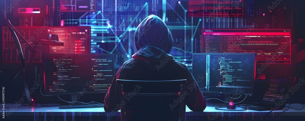 Poster hacker in a dark room surrounded by glowing screens, immersed in complex code and cybersecurity work