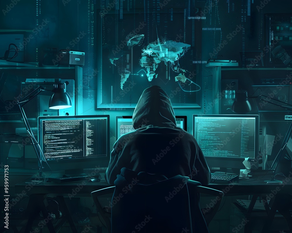 Poster hacker in a dark room working on multiple computers with digital world map, cyber attack, and cybers
